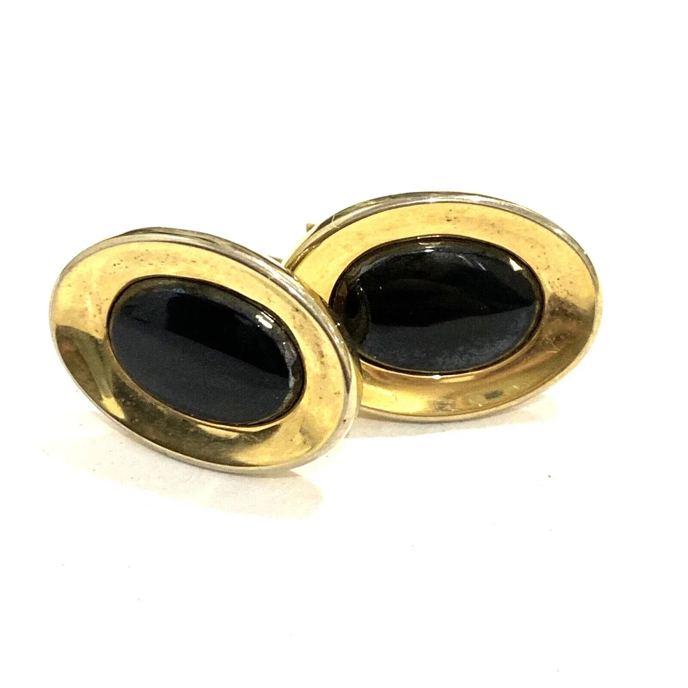 Vintage mens jewelry cufflinks goldtone concave oval retro black polished stone